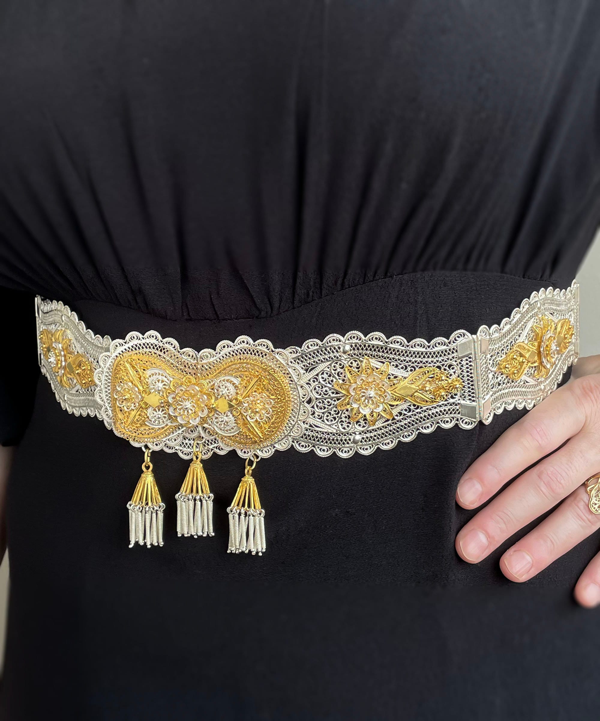 18k Gold Accented Filigree Bridal Belt, 925 Sterling Silver 