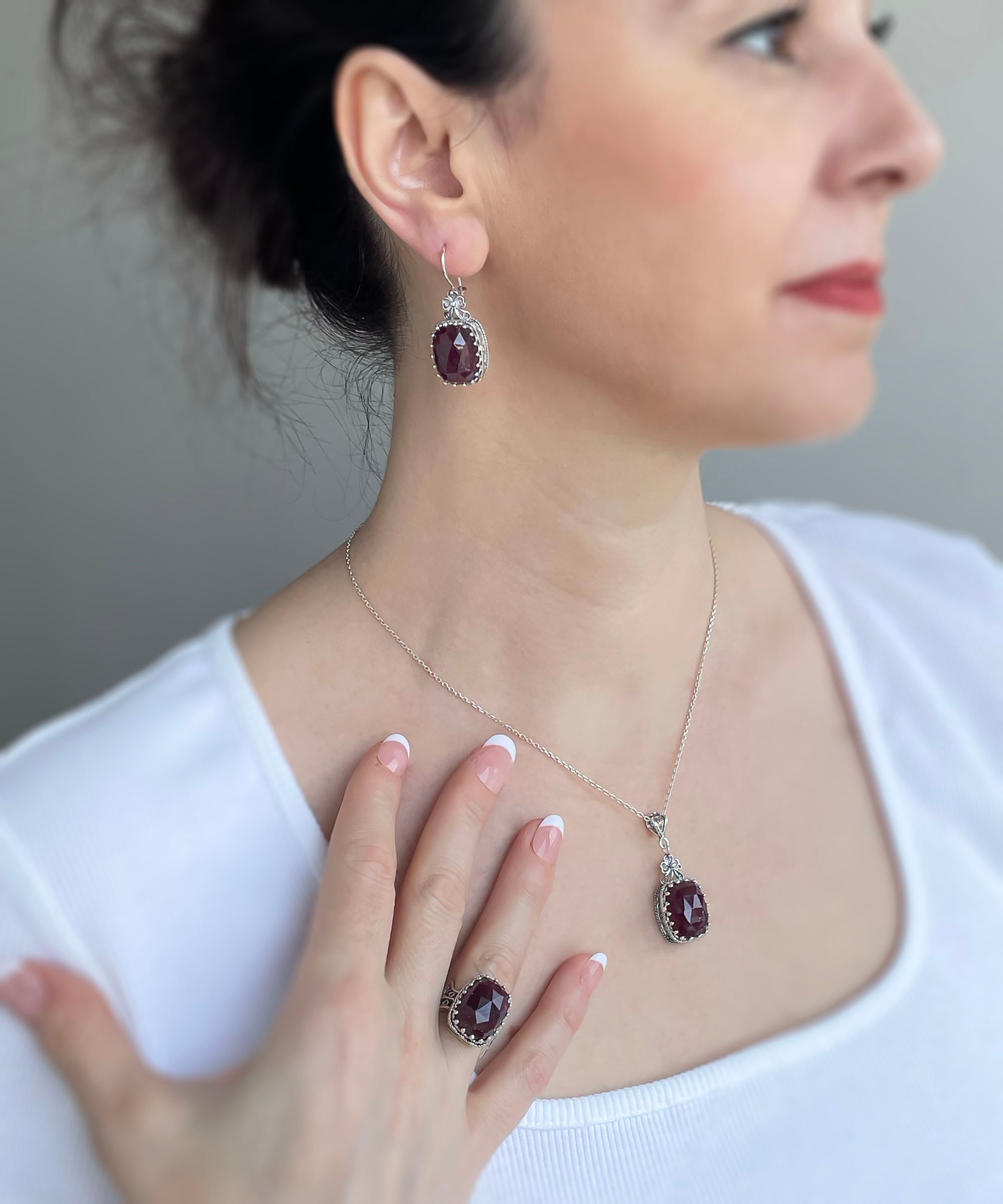 Ruby Corundum Gothic Silver Jewelry Set, 925 Sterling