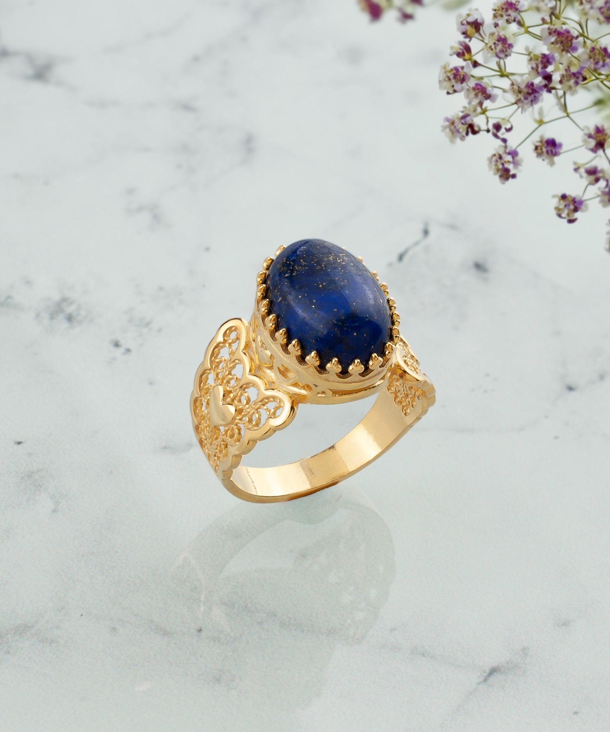 Gold Lapis Lazuli Edwardian Silver Heart Ring, 925 Sterling Navy Blue Gemstone Artisan Handmade Filigree Boho Women Statement Ring