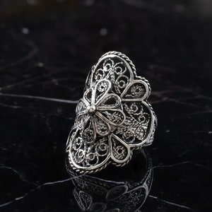 Silver Victorian Boho Style Floral Women Ring, 925 Sterling Artisan Handmade Filigree Flower Statement Ring, Handmade Ornate Goth Jewelry