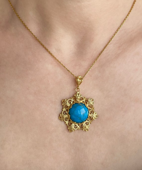 Gold Turquoise Boho Floral Silver Pendant Necklac… - image 2