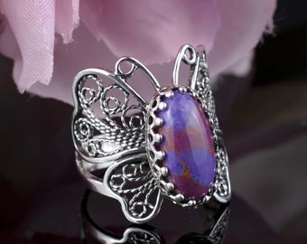 Blue Quartz Silver Boho Butterfly Ring, 925 Sterling Silver