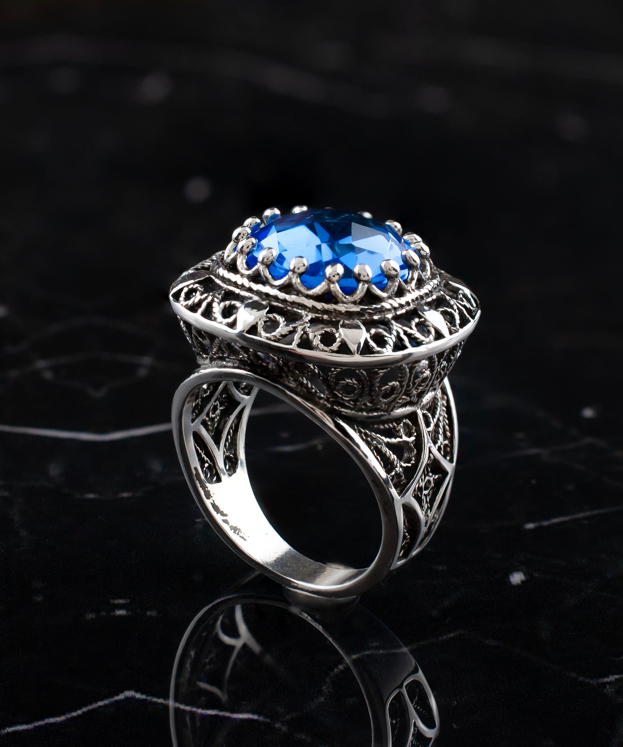 SILVER925 BLUE STONE DESIGN RING/シルバーリング Crystal Quartz Silver Victorian Statement Ring, 925 Sterling