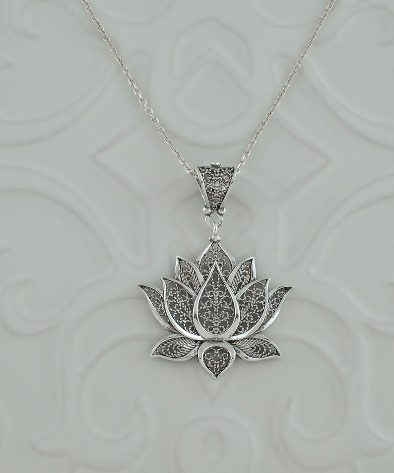 Sterling Silver Lotus Floral Women Pendant Necklace 925 Etsy