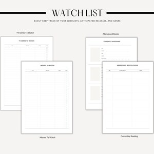May include: A printable watch list with sections for TV series, movies, abandoned books, and abandoned movies/shows. The list includes columns for title, genre, and date.
