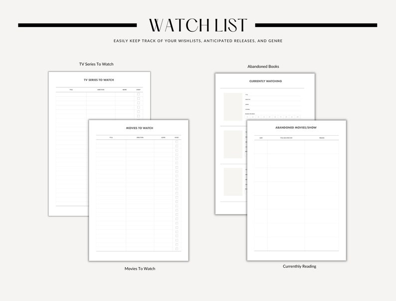 May include: A printable watch list with sections for TV series, movies, abandoned books, and abandoned movies/shows. The list includes columns for title, genre, and date.