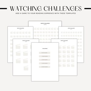 May include: Printable movie challenge tracker with six different templates. Each template features a clapperboard icon and a grid of squares for marking off movies watched. The text "Watching Challenges" is at the top of the page.