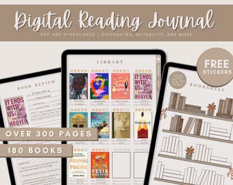 May include: A digital reading journal template for Goodnotes and Notability apps. The template features a bookshelf, book review section, and a library with over 300 pages and 180 books. The template is available as a PDF download.