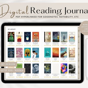 May include: A digital reading journal template for iPad with a minimalist design. The template is designed to fit up to 200+ books. The journal includes a library section with book covers, ratings, and a section for notes. The journal is hyperlinked for Goodnotes, Notability, and other note-taking apps.