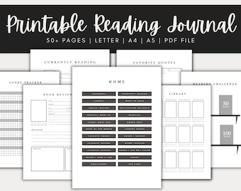 Black Printable Reading Journal | Minimal Reading Planner | Book Planner | Reading Tracker | Reading Log | Bookshelf | A4 A5 PDF Download |