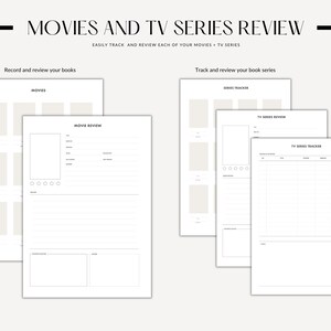 May include: A printable planner for tracking and reviewing movies and TV series. The planner includes sections for recording movie and TV show details, ratings, and reviews.