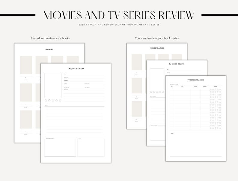 May include: A printable planner for tracking and reviewing movies and TV series. The planner includes sections for recording movie and TV show details, ratings, and reviews.