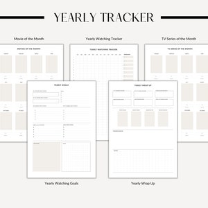 May include: A printable yearly tracker for tracking movies, TV series, and goals. The tracker includes sections for "Movie of the Month", "Yearly Watching Tracker", "TV Series of the Month", "Yearly Goals", "Yearly Wrap Up", and "Yearly Watching Goals".