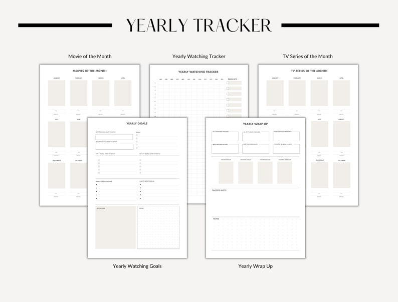 May include: A printable yearly tracker for tracking movies, TV series, and goals. The tracker includes sections for "Movie of the Month", "Yearly Watching Tracker", "TV Series of the Month", "Yearly Goals", "Yearly Wrap Up", and "Yearly Watching Goals".