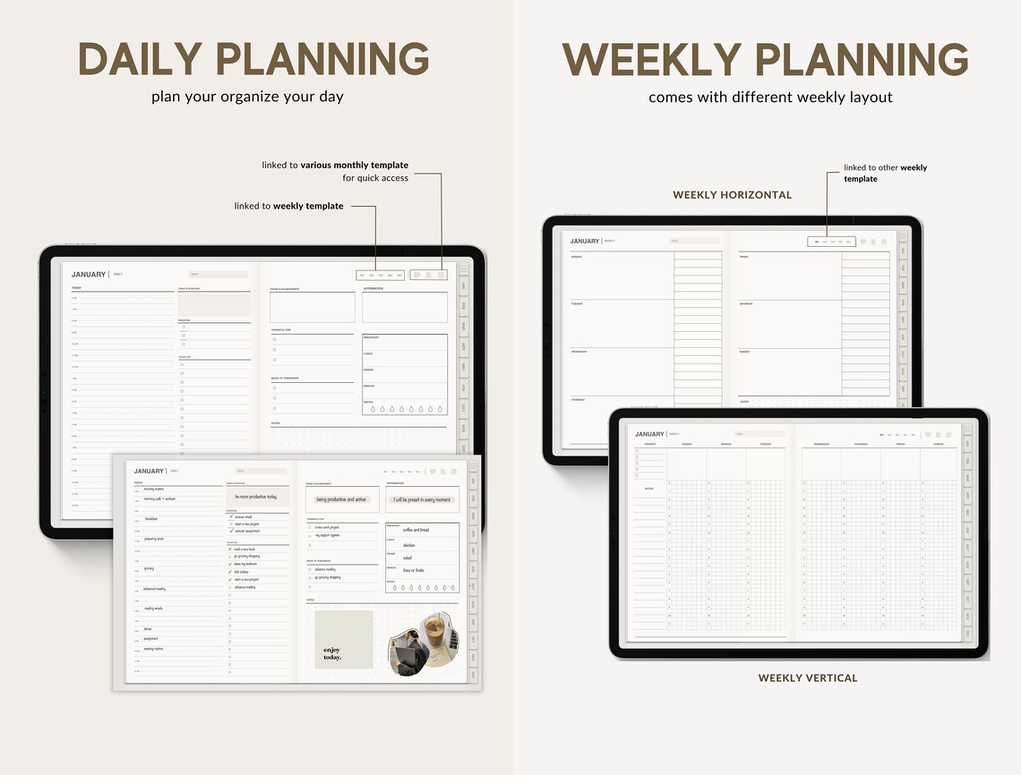 Undated Digital Planner Landscape Planner, Hyperlinked Digital Planner
