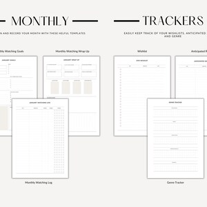 May include: Printable planner pages for tracking movies and TV shows. Includes sections for monthly watching goals, a monthly watching wrap-up, a monthly watching log, a wishlist, anticipated releases, and a genre tracker.