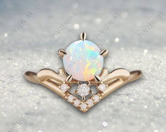 Natuurlijke opaal ring 14K gouden ring verlovingsring Moissaniet ring trouwring ronde diamanten ring voorstel ring cadeau voor haar verjaardag ring