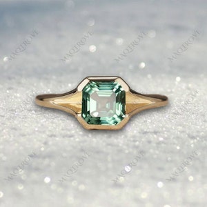 Anillo de zafiro verde de corte Asscher, anillo de oro de 14 quilates, anillo de compromiso, anillo de bodas solitario, anillo engastado en bisel, anillo de propuesta, regalo de aniversario para ella