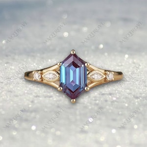 Hexagon Cut Alexandrite Ring 14K Gold Ring Engagement Ring Moissanite Ring Statement Wedding Ring Proposal Ring Anniversary Gift For Her