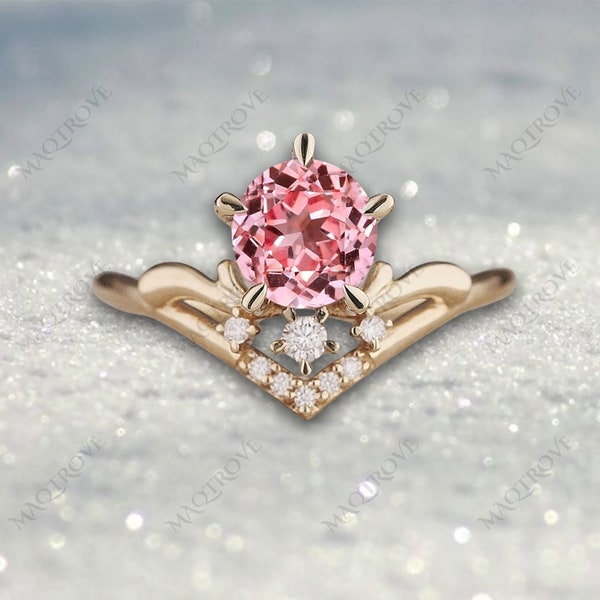 Round Peach Sapphire Ring 14K Gold Ring Engagement Ring Pink Sapphire Ring Moissanite Wedding Ring Proposal Ring Anniversary Gift For Her