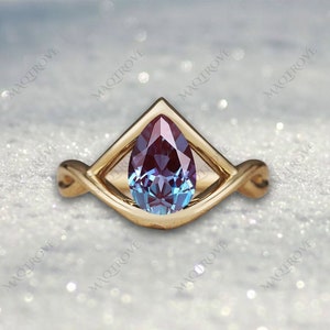 Peer groenblauw alexandriet ring 14K gouden ring solitaire verlovingsring minimalistische ring trouwring voorstel ring cadeau voor haar verjaardag ring