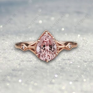 Pear Peach Sapphire Ring 14K Gold Ring Engagement Ring Moissanite Wedding Ring Pink Sapphire Ring Proposal Ring Anniversary Gift For Her