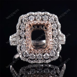 Art Deco Emerald Cut Semi Mount Ring: Halo-Diamond, Sterling Silver