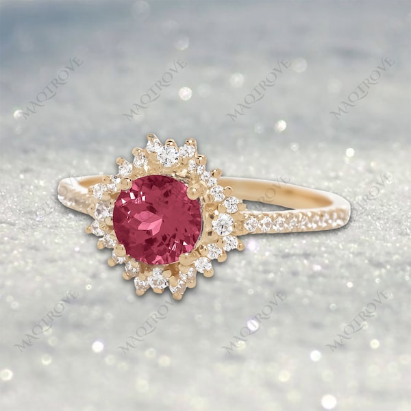 Pink Tourmaline Ring 14K Gold Ring Engagement Ring Moissanite Ring Halo Diamond Ring Solitaire Wedding Ring Gift For Her Anniversary Ring
