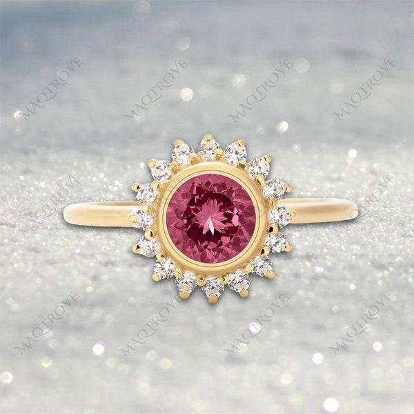 Pink Tourmaline Ring 14K Gold Ring Engagement Ring Moissanite Ring Halo Diamond Ring Solitaire Wedding Ring Anniversary Ring Gift For Her