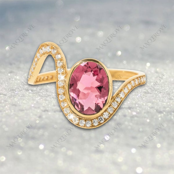 Natural Pink Tourmaline Ring 14K Gold Ring Curved Engagement Ring Moissanite Ring Wedding Ring Bezel Set Ring Anniversary Ring Gift For Her