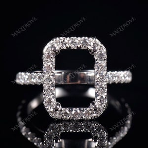 Emerald Cut Semi Mount Ring: Sterling Silver Halo Engagement Ring