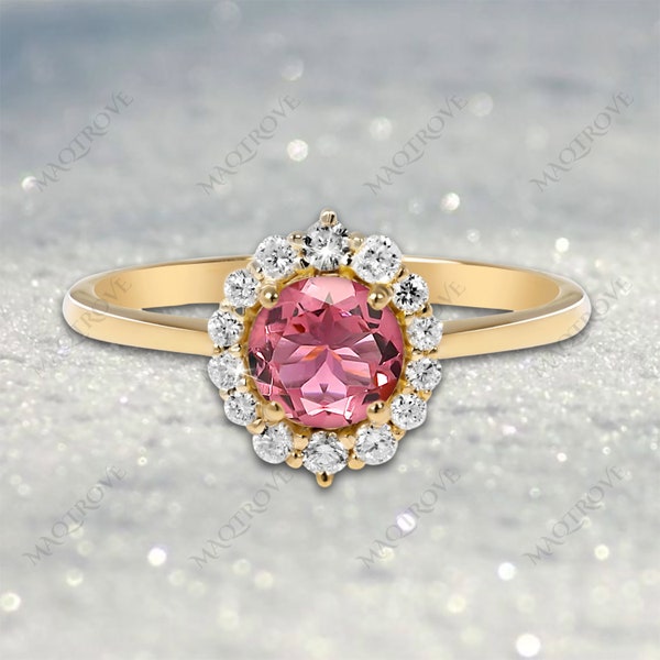 Dainty Natural Pink Tourmaline Ring 14K Gold Ring Engagement Ring Moissanite Ring Halo Diamond Wedding Ring  Anniversary Ring Gift For Her