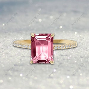 Pink Tourmaline 14K Gold Ring: Emerald Cut Moissanite Wedding Ring