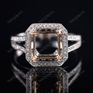 Emerald Cut Halo-Diamond Sterling Silver Semi Mount Ring