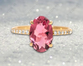 14K Gold Pink Tourmaline Ring: Moissanite Wedding Proposal Ring