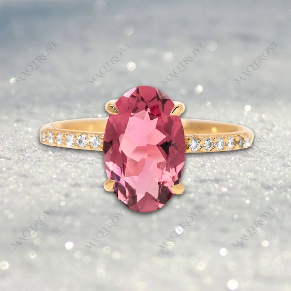Natural Pink Tourmaline Ring 14K Gold Ring Engagement Ring Moissanite Ring Diamond Wedding Ring Proposal Ring Anniversary Ring Gift For Her