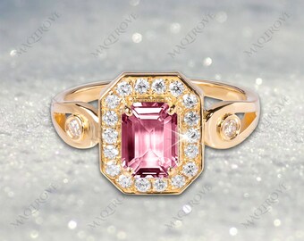 Pink Tourmaline Ring 14K Gold Ring Engagement Ring Moissanite Ring Halo Diamond Ring Wedding Proposal Ring Anniversary Ring Gift For Her
