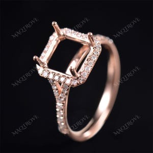 Emerald Cut Semi Mount Ring: Halo-Diamond, 925 Sterling Silver
