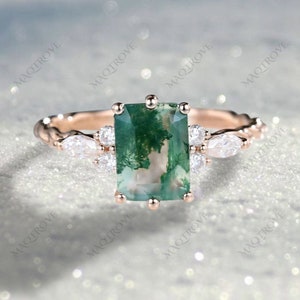 Emerald Cut Natural Moss Agate Ring 14K Gold Ring Engagement Ring Moissanite Ring Twisted Promise Ring Wedding Ring Anniversary Gift For Her