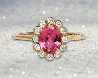 Pink Tourmaline 14K Gold Ring: Moissanite Halo Engagement Ring
