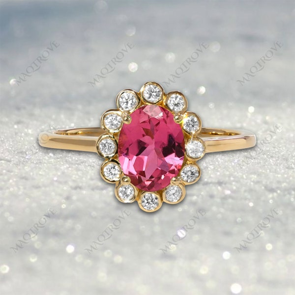 Natural Pink Tourmaline Ring 14K Gold Ring Engagement Ring Moissanite Ring Halo Diamond Wedding Ring Proposal Anniversary Ring Gift For Her