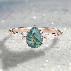 Pear Cut Natural Moss Agate Ring 14K Gold Ring Engagement Ring Moissanite Ring Twisted Promise Ring Wedding Anniversary Ring Gift For Her