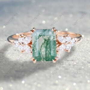 Emerald Cut Natural Moss Agate Ring 14K Gold Ring Engagement Ring Moissanite Ring Vintage Ring Wedding Ring Anniversary Ring Gift For Her