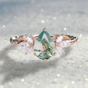 Natural Pear Moss Agate Ring 14K Gold Ring Pear Cut Engagement Ring Moissanite Ring Twisted Band Ring Wedding Anniversary Ring Gift For Her