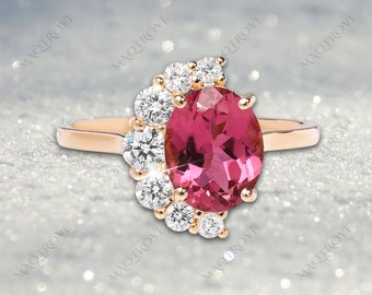 Pink Tourmaline Ring 14K Gold Ring Engagement Ring Moissanite Ring Wedding Ring Halo Diamond Ring Proposal Anniversary Ring Gift For Her