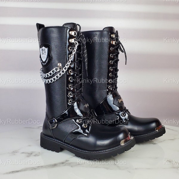 Man Leather Boots. Kinky High Knee Leather Knee Gear DomTop Dominatrix Outfit BDSM Erotic Sex Play Gay Slave Gimp Fetish Shoes Fashion Pride