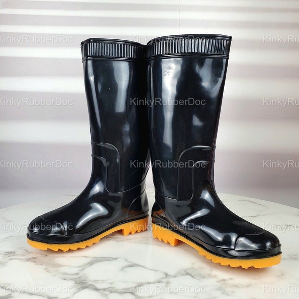 Bottes en caoutchouc sexy noires. Haut genou Kinky Latex Gear tenue robuste BDSM érotique sexe Gay esclave jouet adulte Gimp fétiche chaussures contraintes fierté