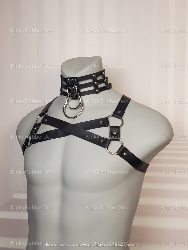 Set of Harness, Coller, Cuffs. Bondage Outfit Costume Kinky Sex Pride Puppy Domtop Erotic Gay BDSM Leather Shirt Fetish Rubber Gear Unisex 