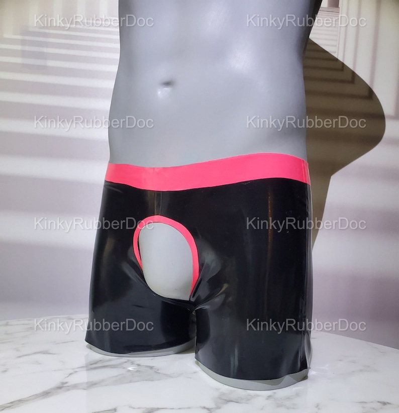 Men's Latex Chap Shorts Black Pink Open Back. Backless Rubber Gear Gay BDSM Fetish Kinky Sex Role Play Erotic Puppy Pup Gimp Suit Slave Anal 