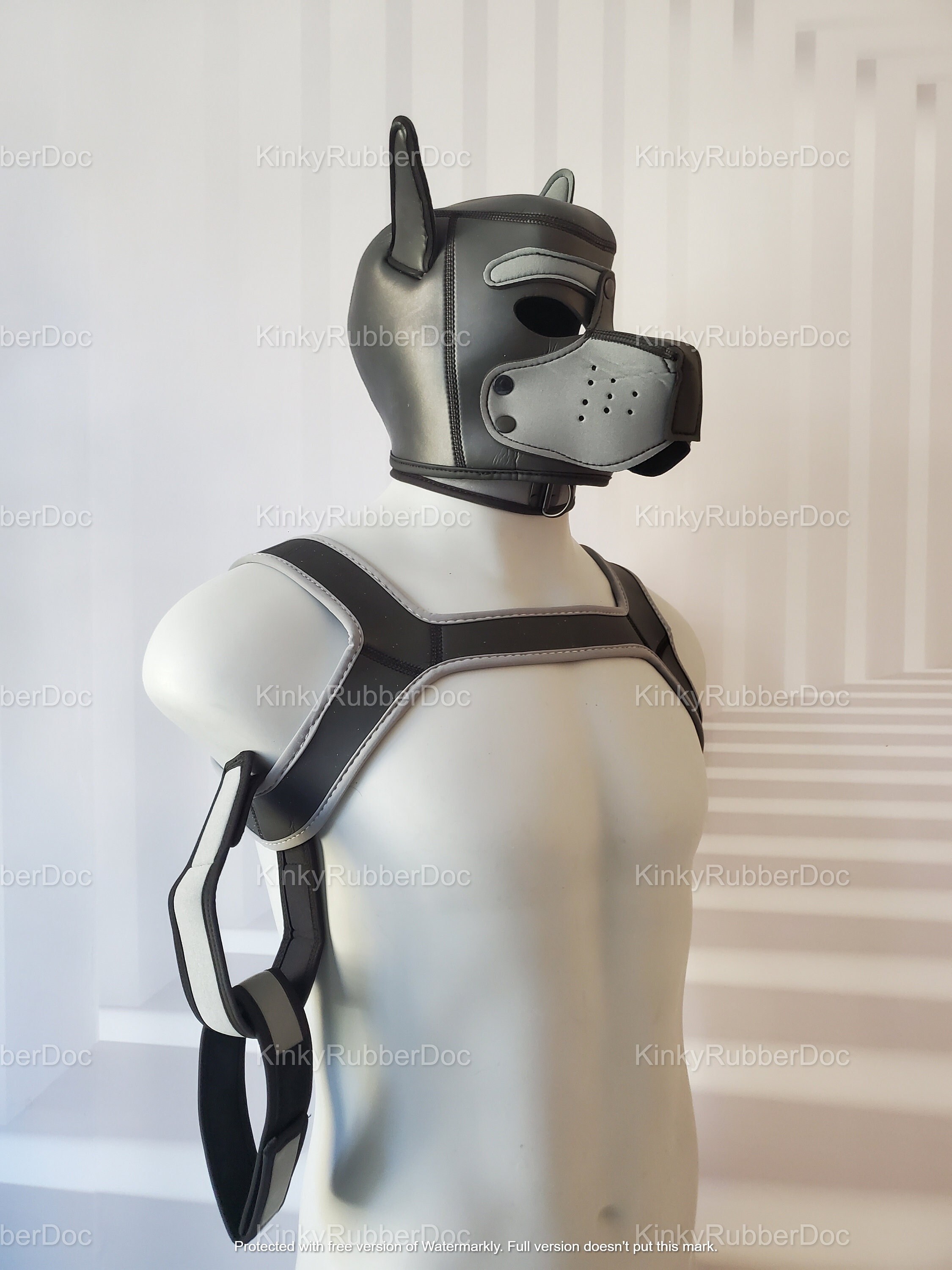 Set Puppy Play Gray Hood Mask Harness Chocker Armbands. Headgear Dog Mask Rubber Fetish Gay Accessories Erotic Sex Pup Gimp Suit Slave Doggy